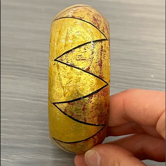 Wood Bangle Bracelet with Gold and Red Zigzag Painted Design, Boho - Picture 3 of 5
